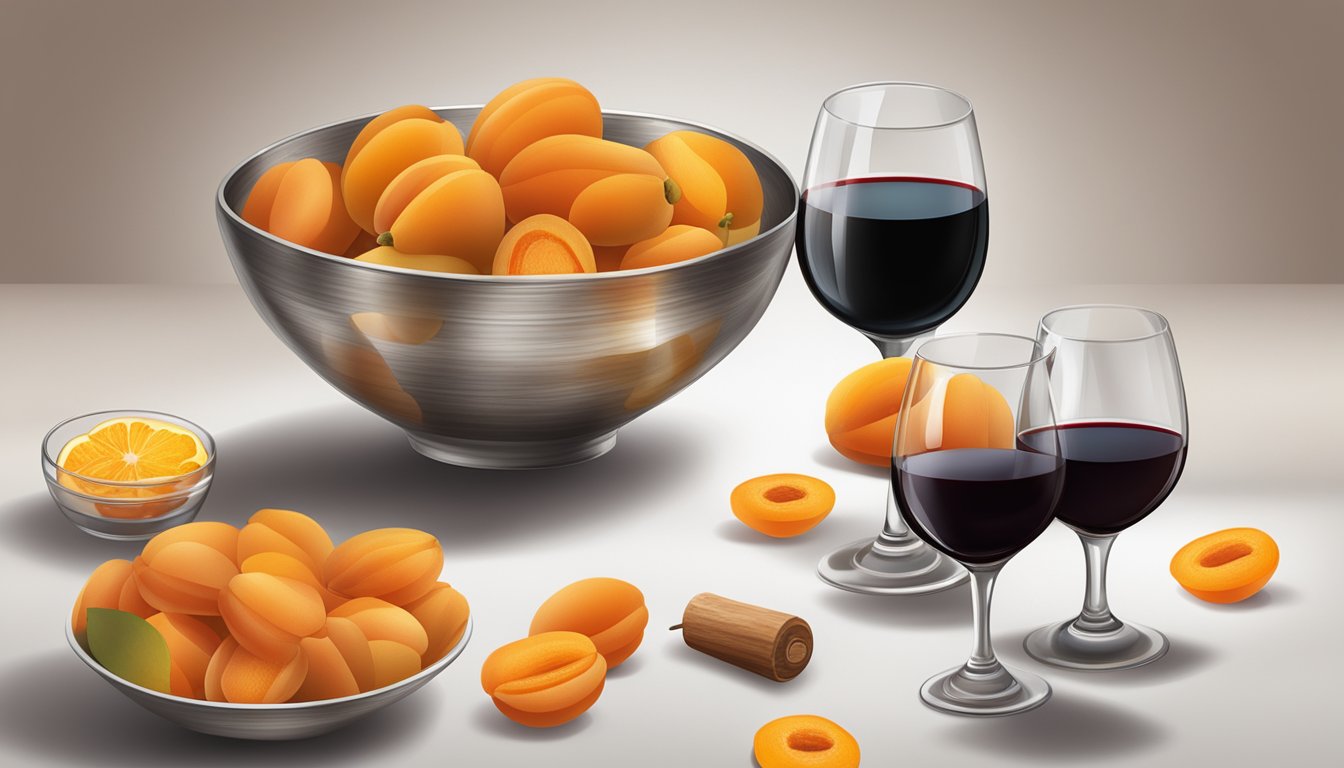 A bowl of dried apricots surrounded by glasses of wine and bottles of soda