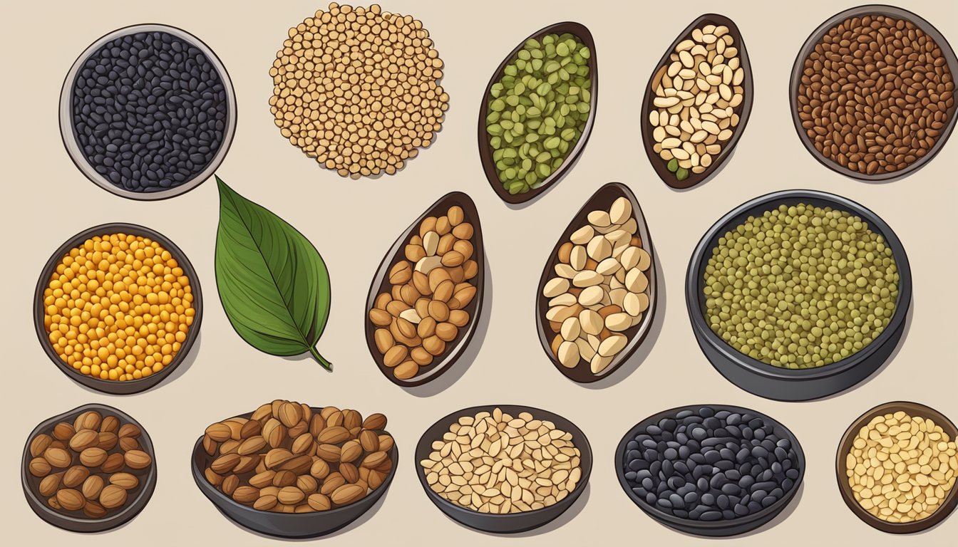 A colorful array of hemp seeds, nuts, and beans arranged in a balanced diet composition