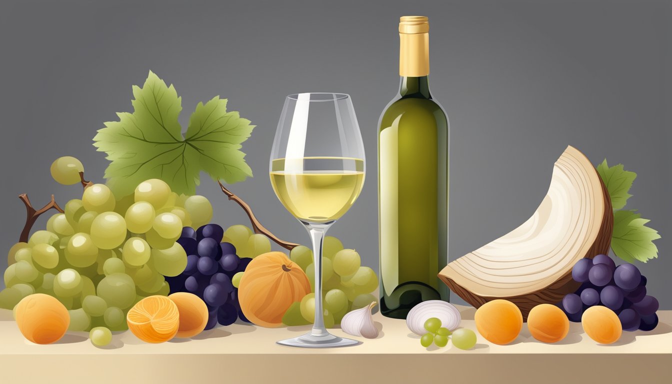 A glass of white wine surrounded by grapes, onions, and dried apricots, all common foods and drinks high in sulfites