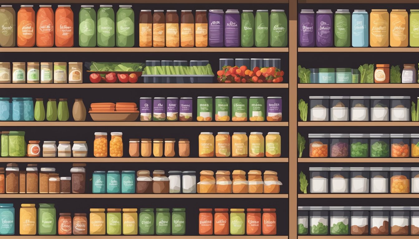 A pantry shelf filled with various cans of vegetables, with labels indicating high sulfite content