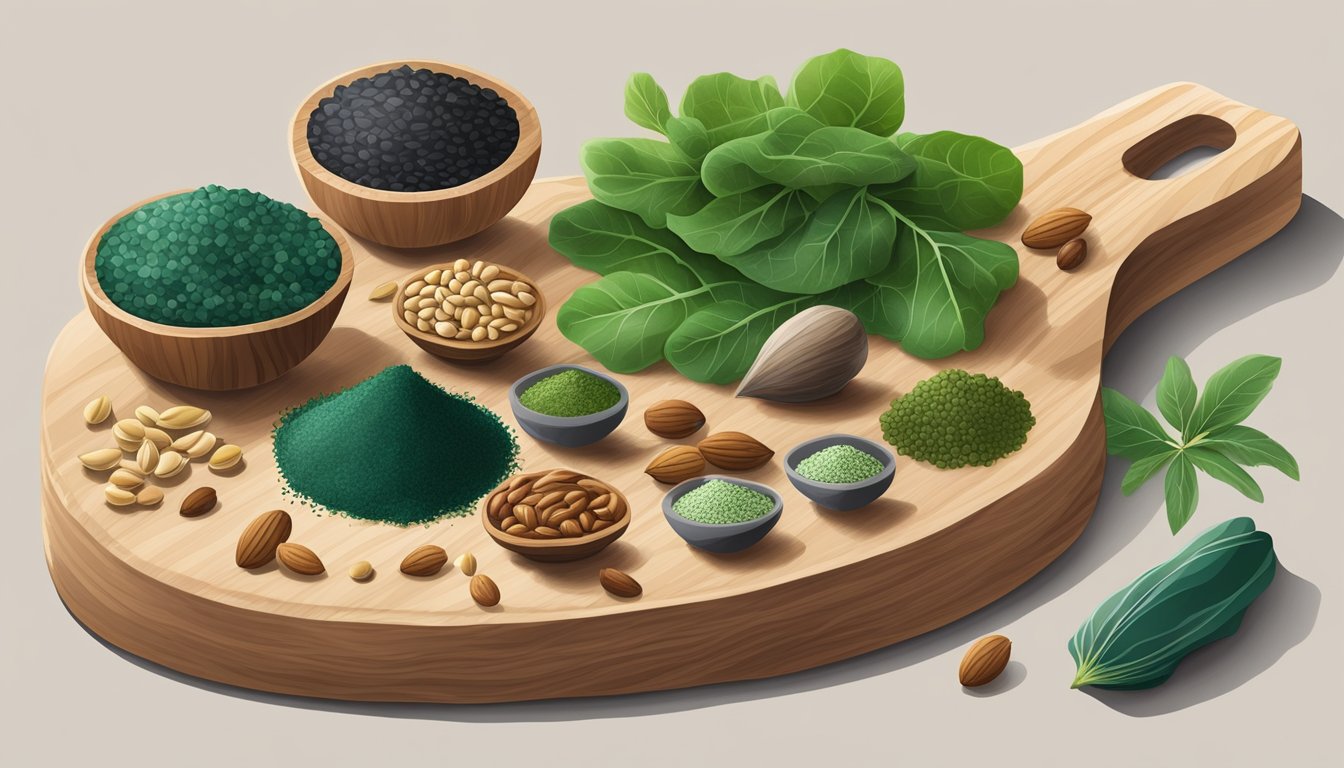 A vibrant assortment of spirulina, nuts, seeds, and leafy greens arranged on a wooden cutting board