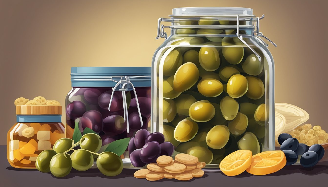 A jar of pickled olives surrounded by a variety of foods and drinks high in sulfites, such as wine, dried fruit, and processed snacks