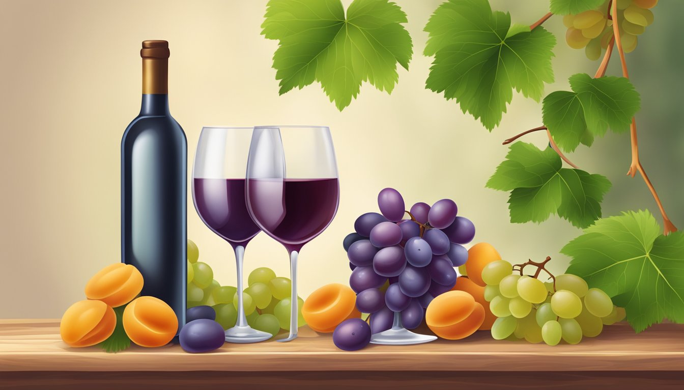 A glass of grape juice next to a bunch of grapes, a bottle of wine, and a bag of dried apricots