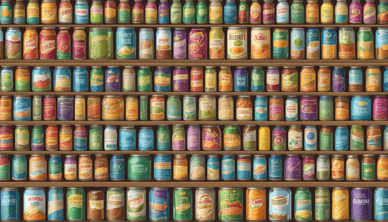 A kitchen pantry shelf filled with rows of colorful canned soup and bottles of various drinks, with labels indicating high sulfite content