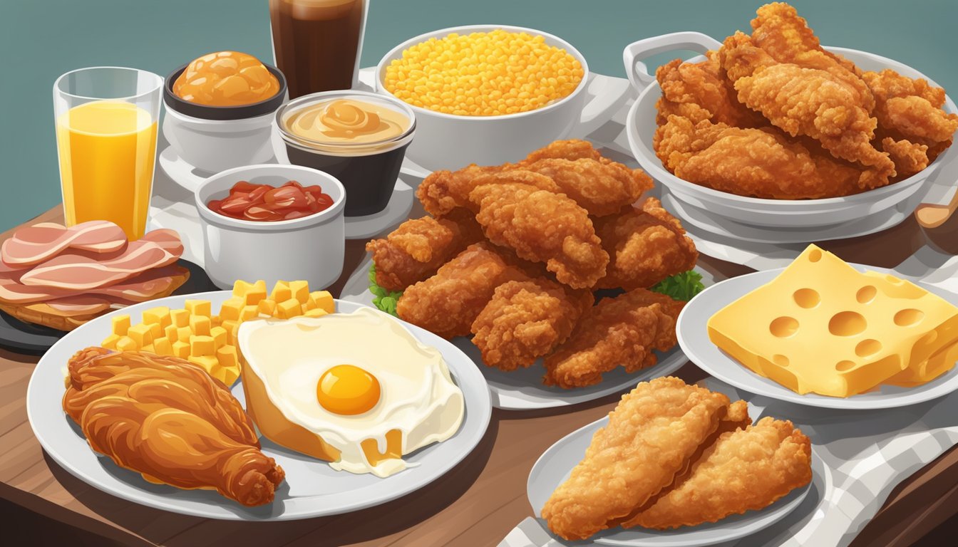 A table with fried chicken, eggs, cheese, butter, processed meats, pastries, and fast food