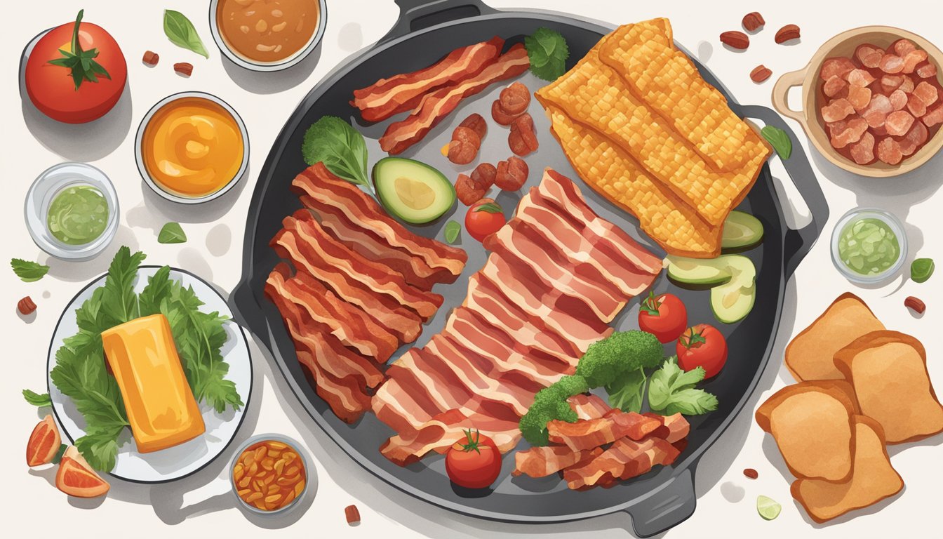 A sizzling pan of bacon surrounded by seven different types of high LDL cholesterol foods, with a red "X" over each item