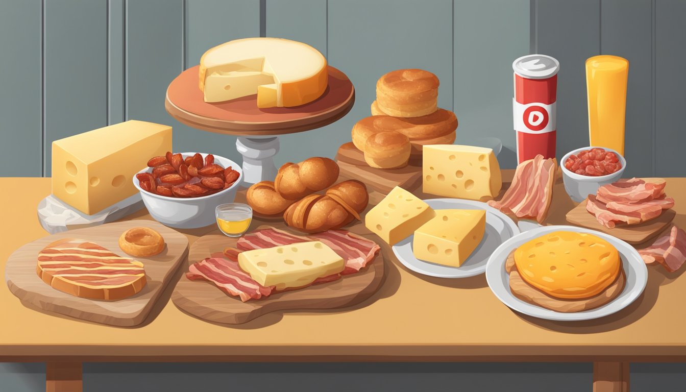 A table with cheese, bacon, processed meat, fried foods, pastries, and butter, with a red "stop" sign next to them