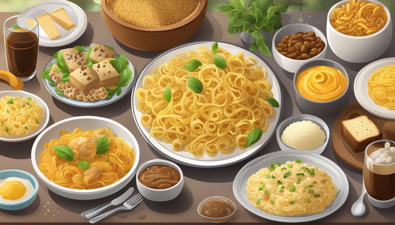 A dinner table set with a plate of pasta, bread, and rice, surrounded by a variety of high-carb foods like potatoes and sugary desserts