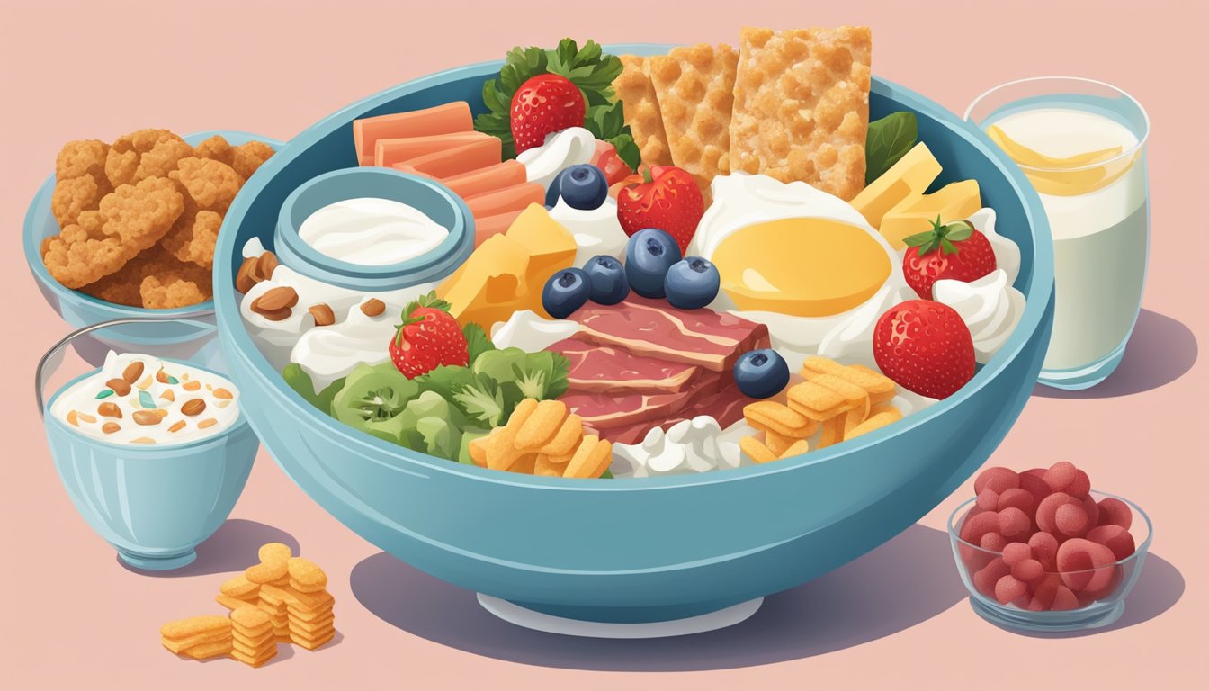 A bowl of full-fat yogurt surrounded by images of high-cholesterol foods, such as red meat, fried foods, and processed snacks, with a bold "X" over each item