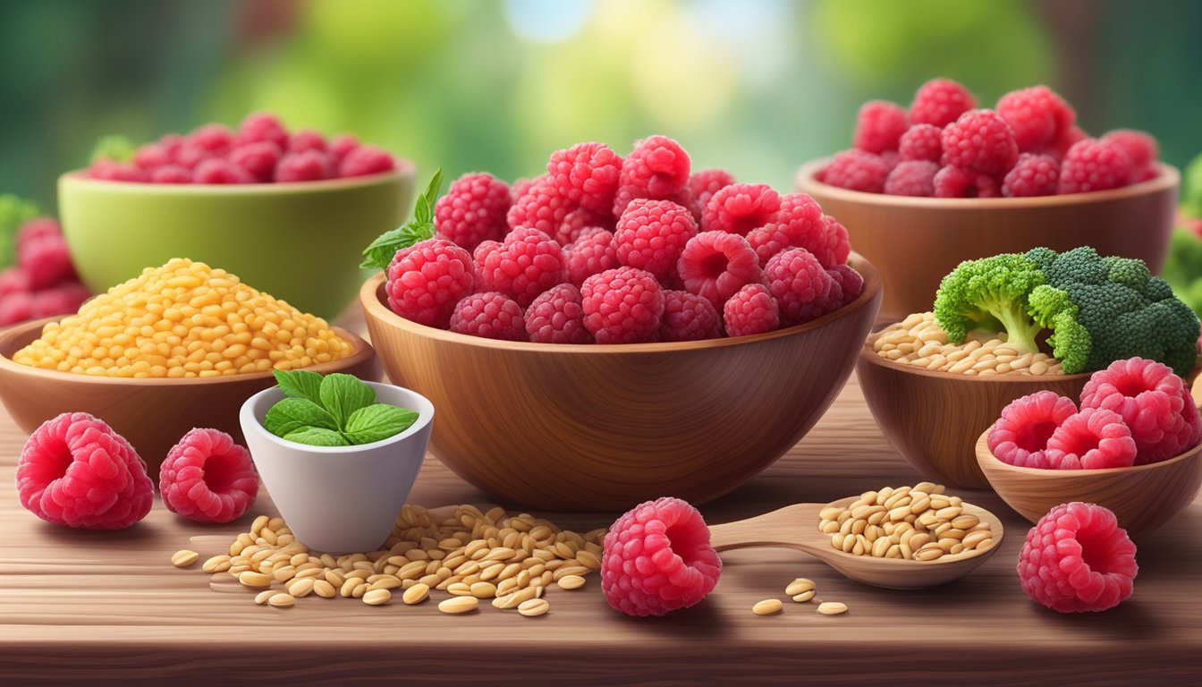 A vibrant pile of raspberries surrounded by other high fiber foods, such as beans, oats, and broccoli, on a wooden table