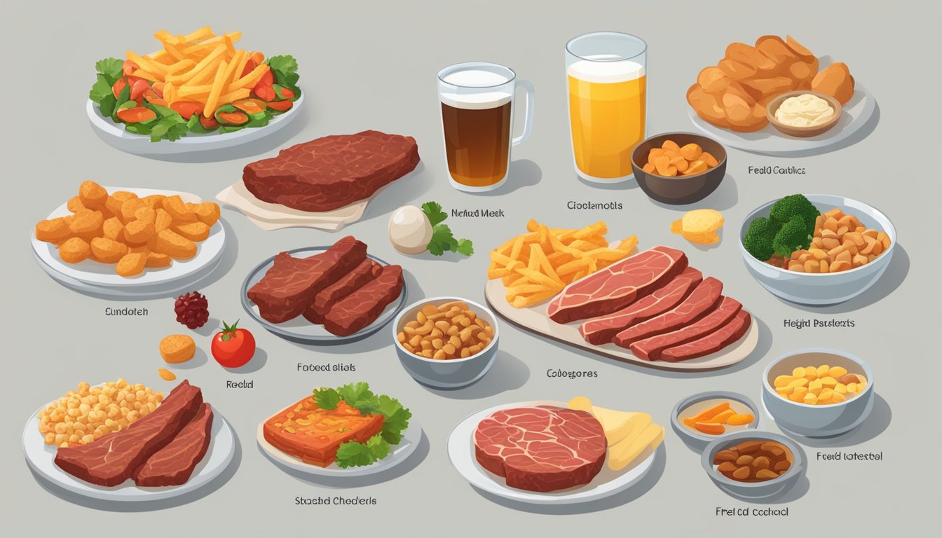 A table with a variety of foods such as red meat, processed snacks, and fried foods, all labeled as high in LDL bad cholesterol