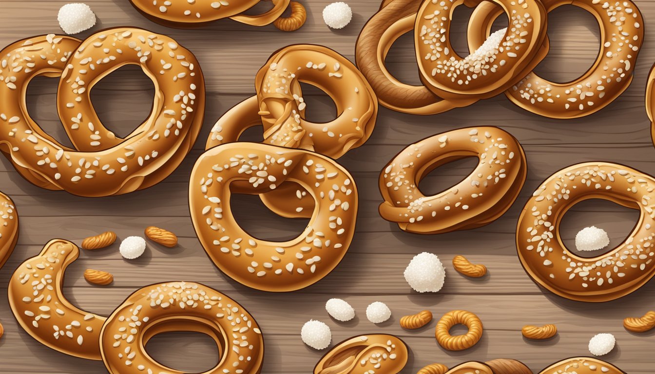 A pile of pretzels on a wooden cutting board, surrounded by scattered grains of salt