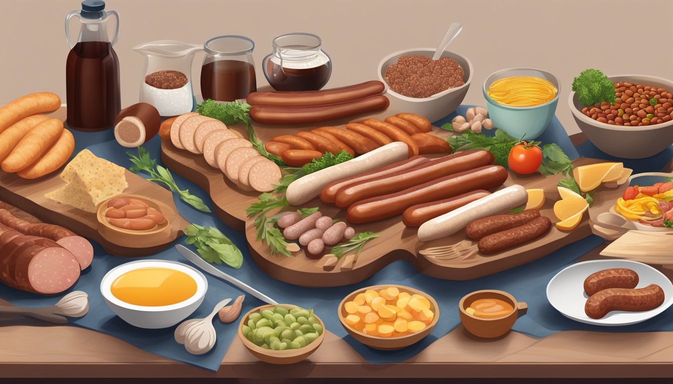 A table with a variety of sausages next to foods high in LDL cholesterol