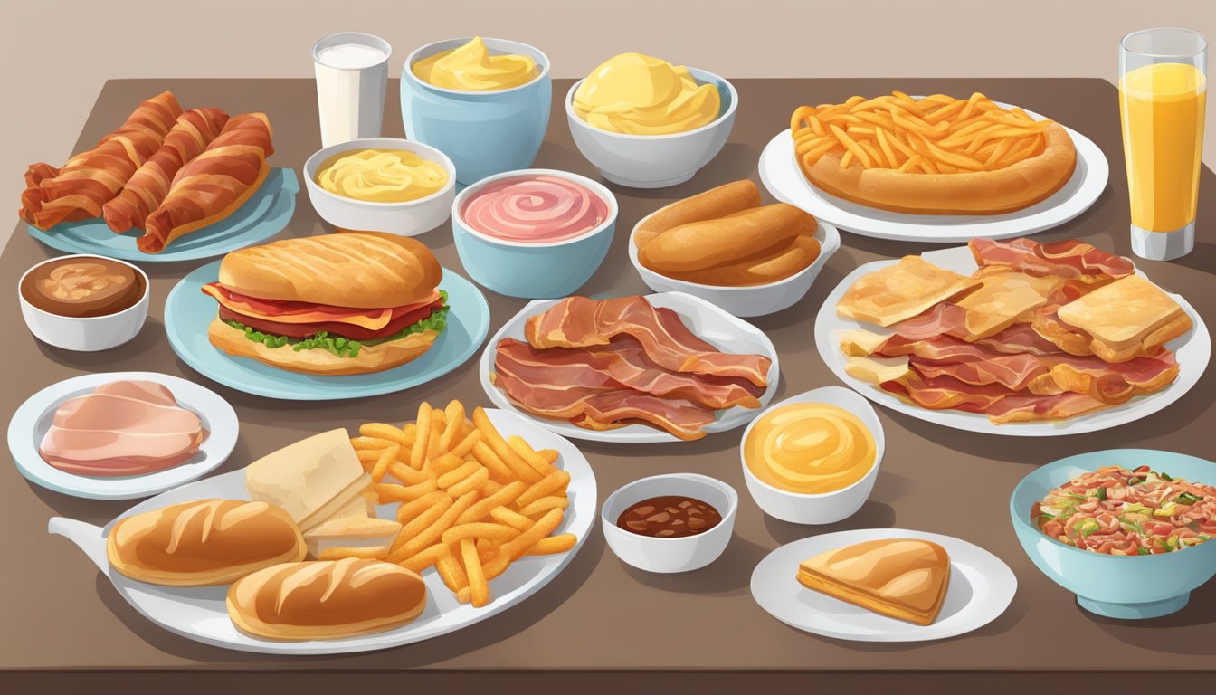 A table with 7 foods: bacon, processed meats, fried foods, pastries, full-fat dairy, butter, and fast food