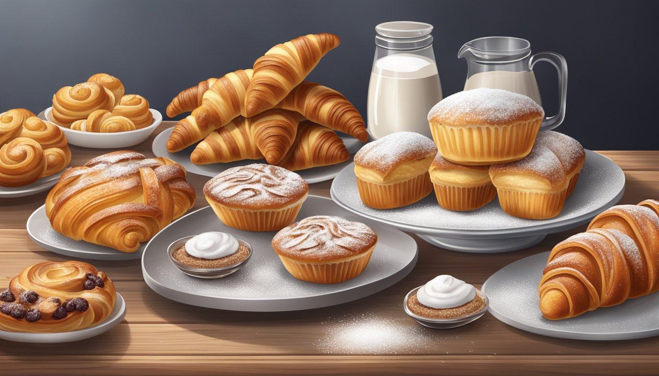 A display of various pastries on a wooden table, including croissants, danishes, and muffins, with a sprinkle of powdered sugar on top