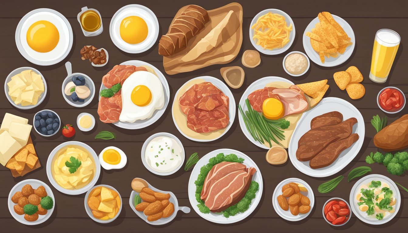 A table with 7 types of food: red meat, processed snacks, fried foods, full-fat dairy, butter, eggs, and shellfish