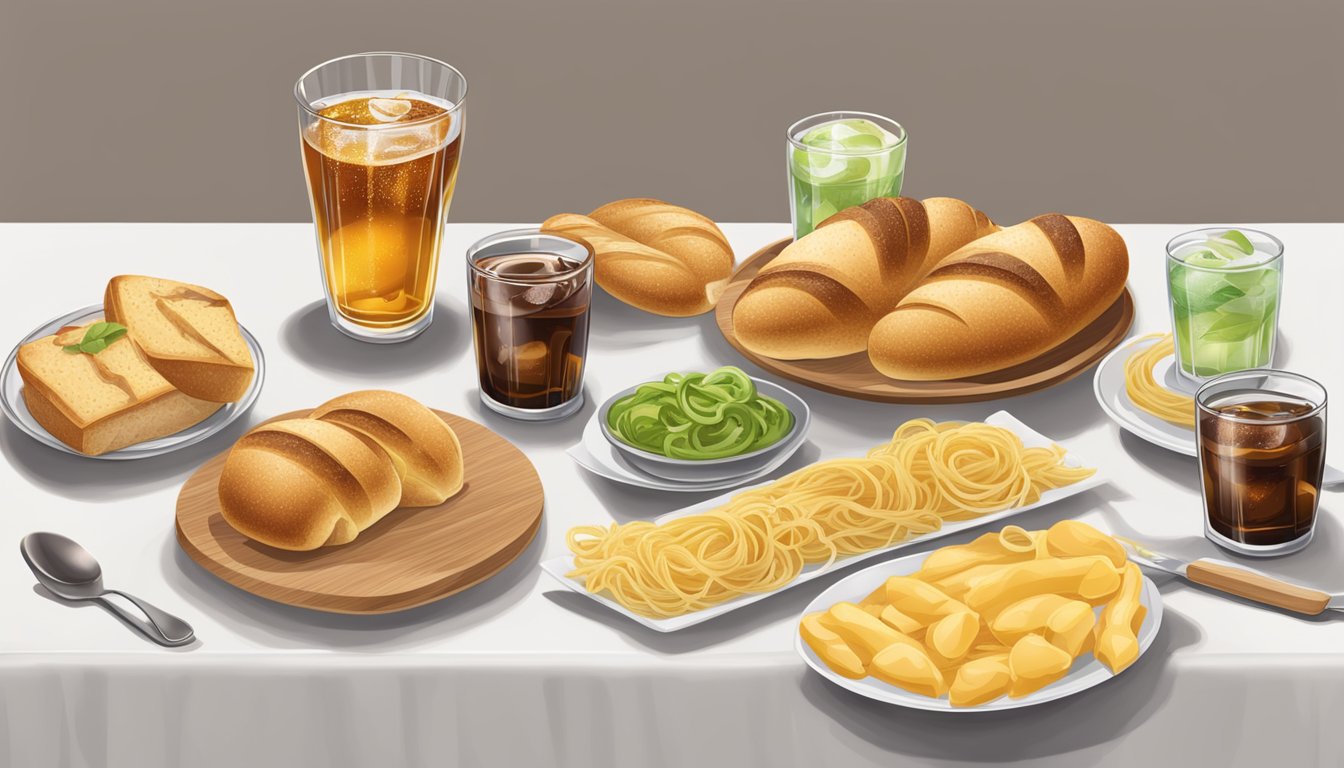 A table with soda, bread, pasta, and pastries