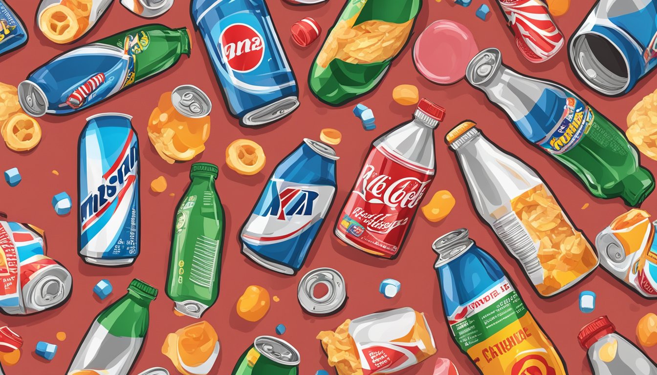 A table with soda cans, sugary drinks, and unhealthy snacks, surrounded by a red "X" to signify avoidance for lowering high triglycerides