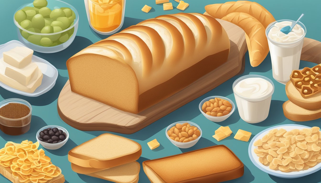 A loaf of white bread surrounded by forbidden foods: sugary drinks, processed snacks, fried foods, and high-fat dairy products