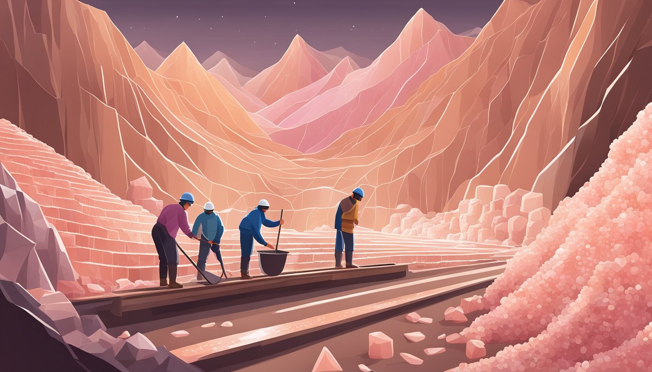 A Himalayan Pink Salt mine with workers harvesting salt crystals