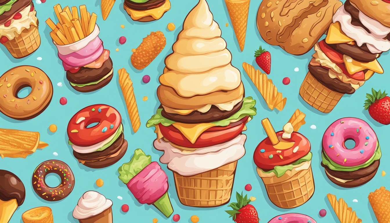 A melting ice cream cone surrounded by fatty foods like burgers, fries, and donuts, with a red "X" over each item