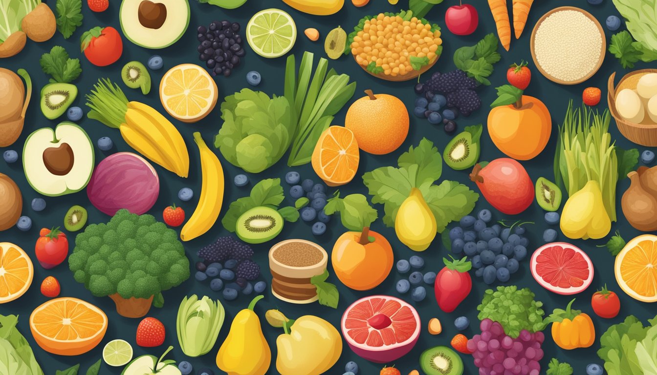 A colorful array of 22 high fiber foods arranged in a circular pattern, including fruits, vegetables, whole grains, and legumes