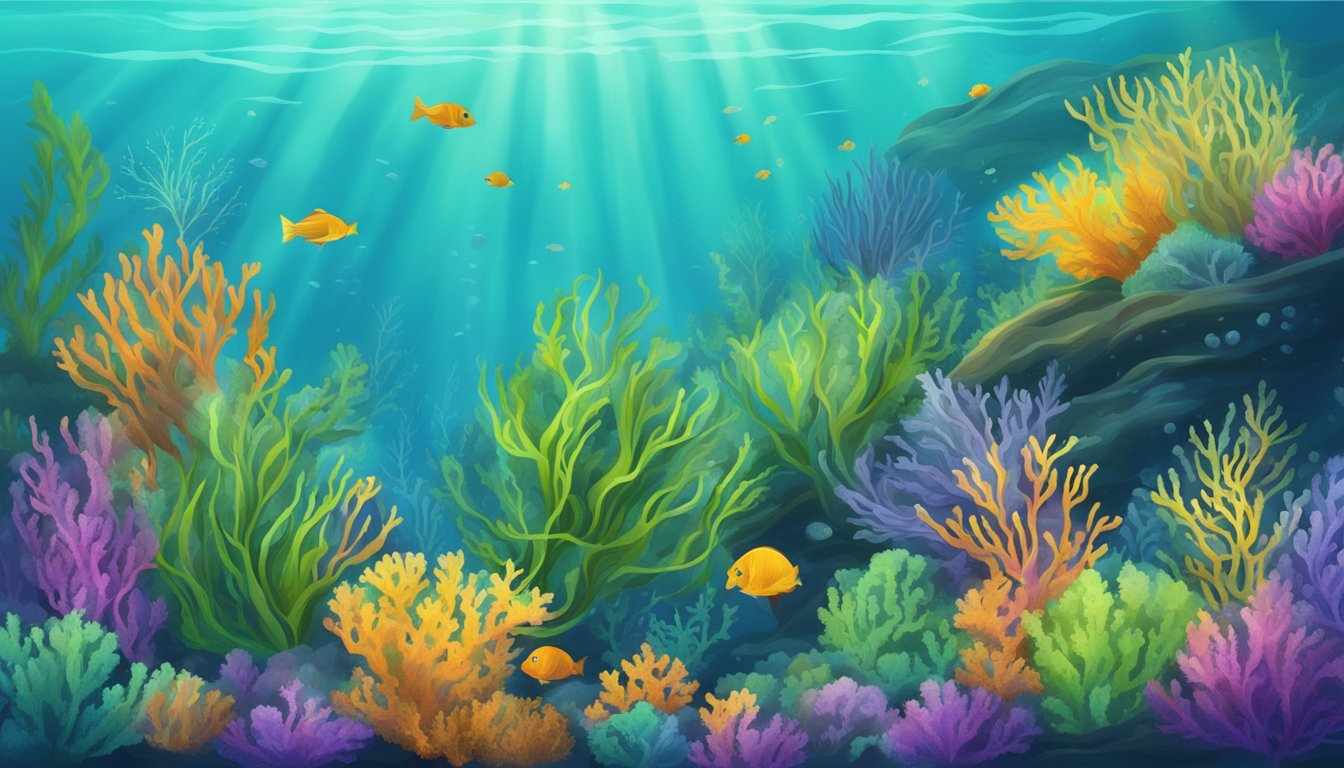 A vibrant underwater scene with various types of seaweed swaying gently in the current, providing essential chloride sources for marine life