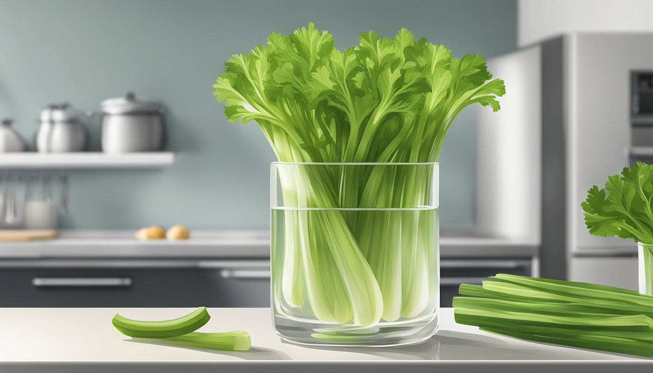 A bunch of celery stalks standing in a glass of water on a kitchen counter