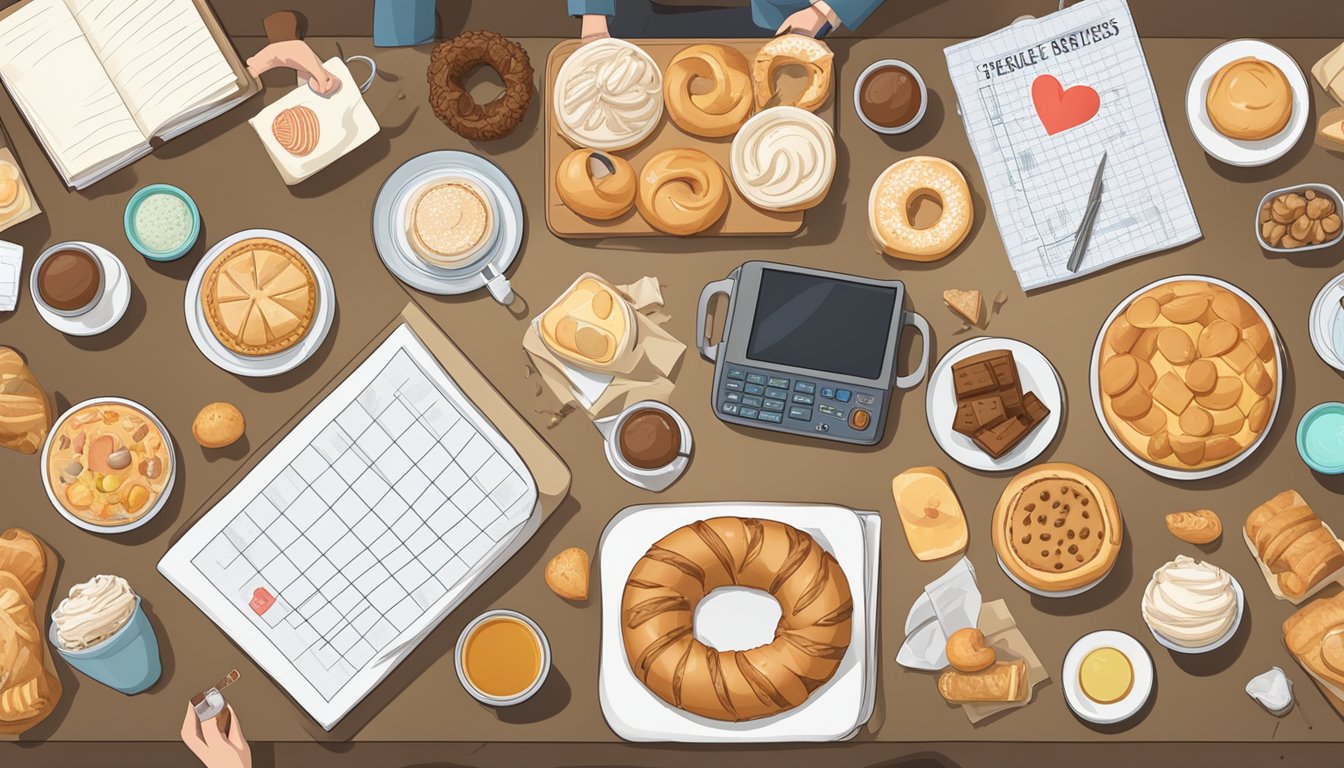 A table with pastries and seven labeled foods to avoid, surrounded by medical charts and a heart rate monitor