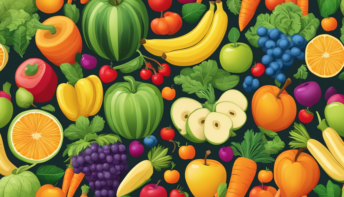 A colorful array of fruits and vegetables, including apples, bananas, and carrots, arranged in a vibrant display