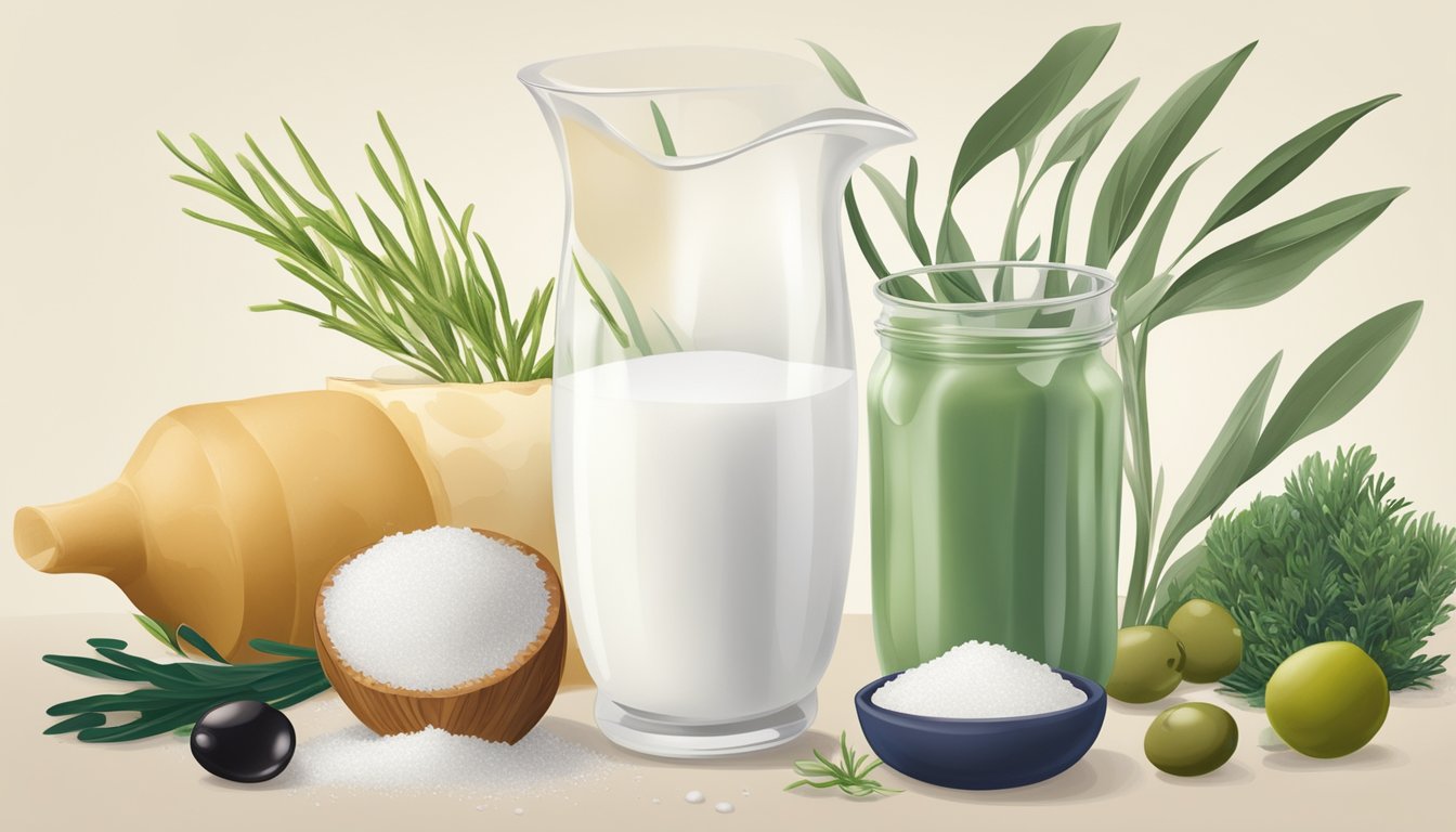 A glass of milk surrounded by various sources of essential chloride such as table salt, seaweed, and olives