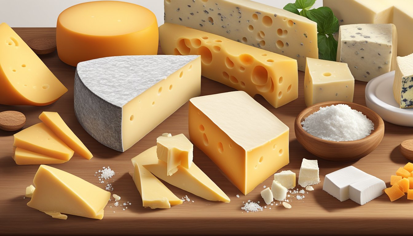 A variety of cheeses, including cheddar, brie, and gouda, arranged on a wooden cutting board with a scattering of salt crystals