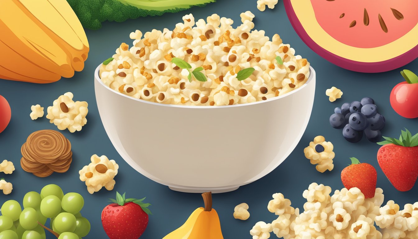 A bowl of popcorn surrounded by various high fiber foods like fruits, vegetables, and whole grains, creating a colorful and healthy display