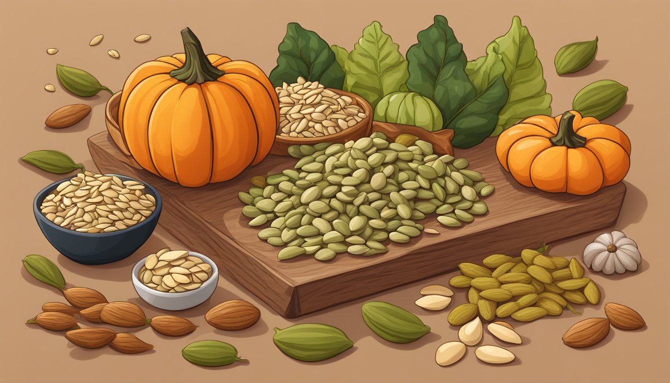 A handful of pumpkin seeds surrounded by a variety of other high fiber foods on a wooden cutting board