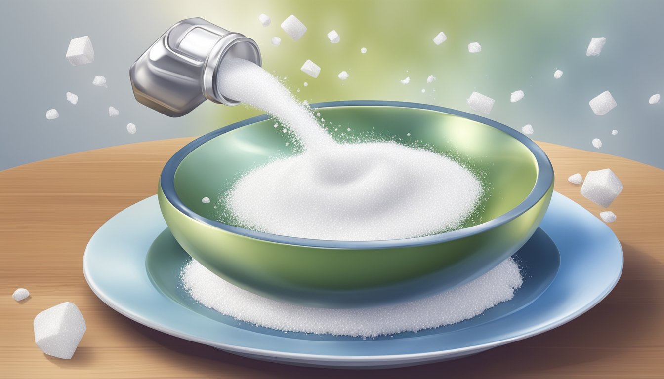 A salt shaker pouring a stream of table salt onto a plate