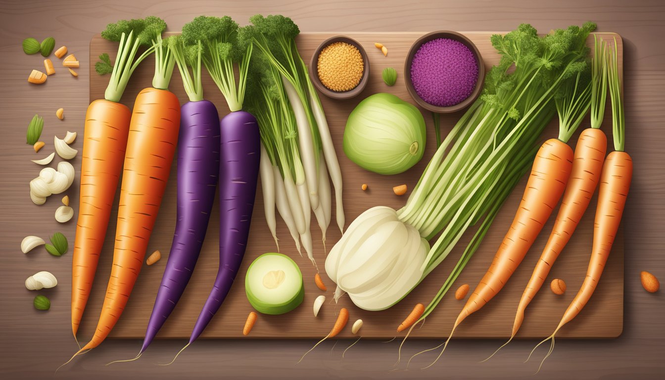 A colorful assortment of carrots, along with other high fiber foods, arranged on a wooden cutting board