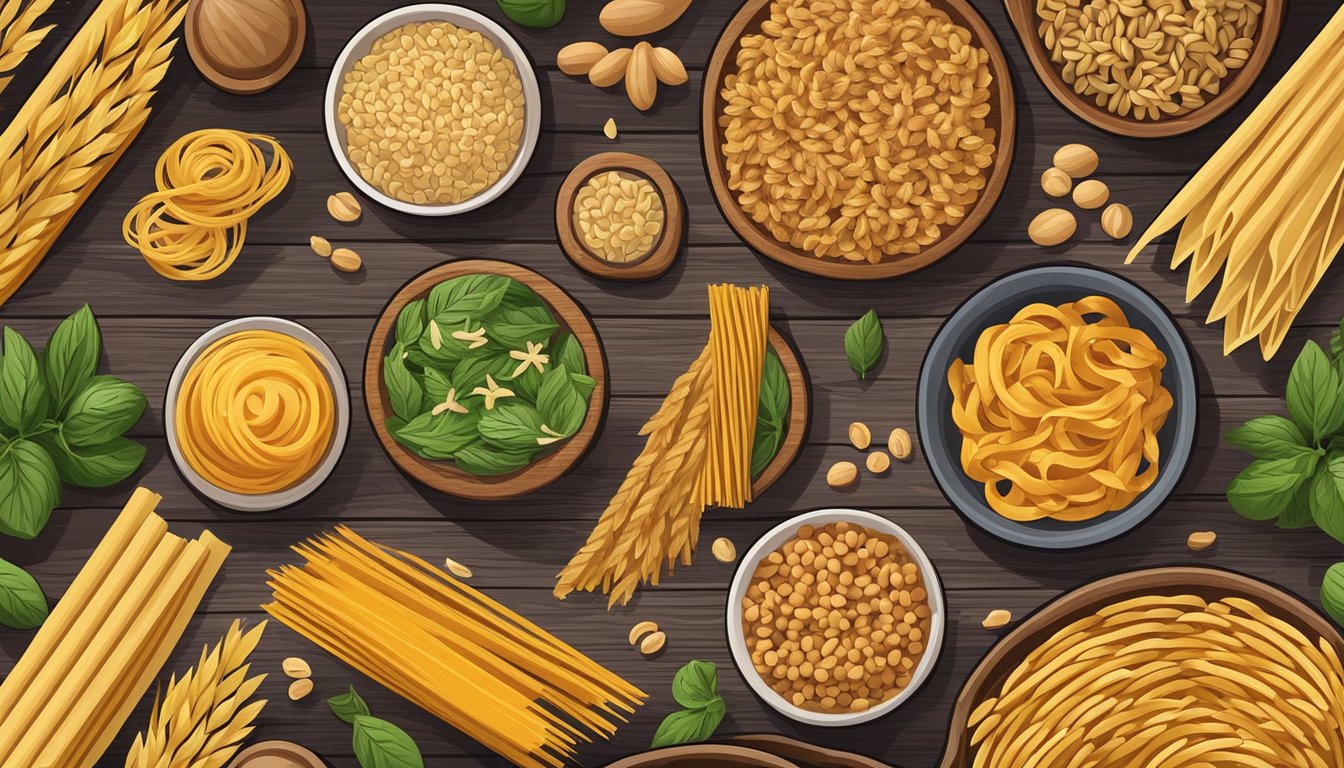 A colorful array of whole wheat pasta and various high fiber foods arranged on a rustic wooden table