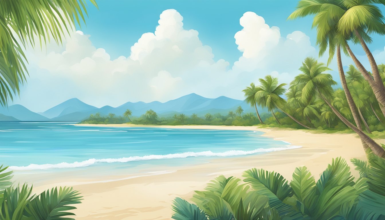 A tropical beach with coconuts, palm trees, and a clear blue sky