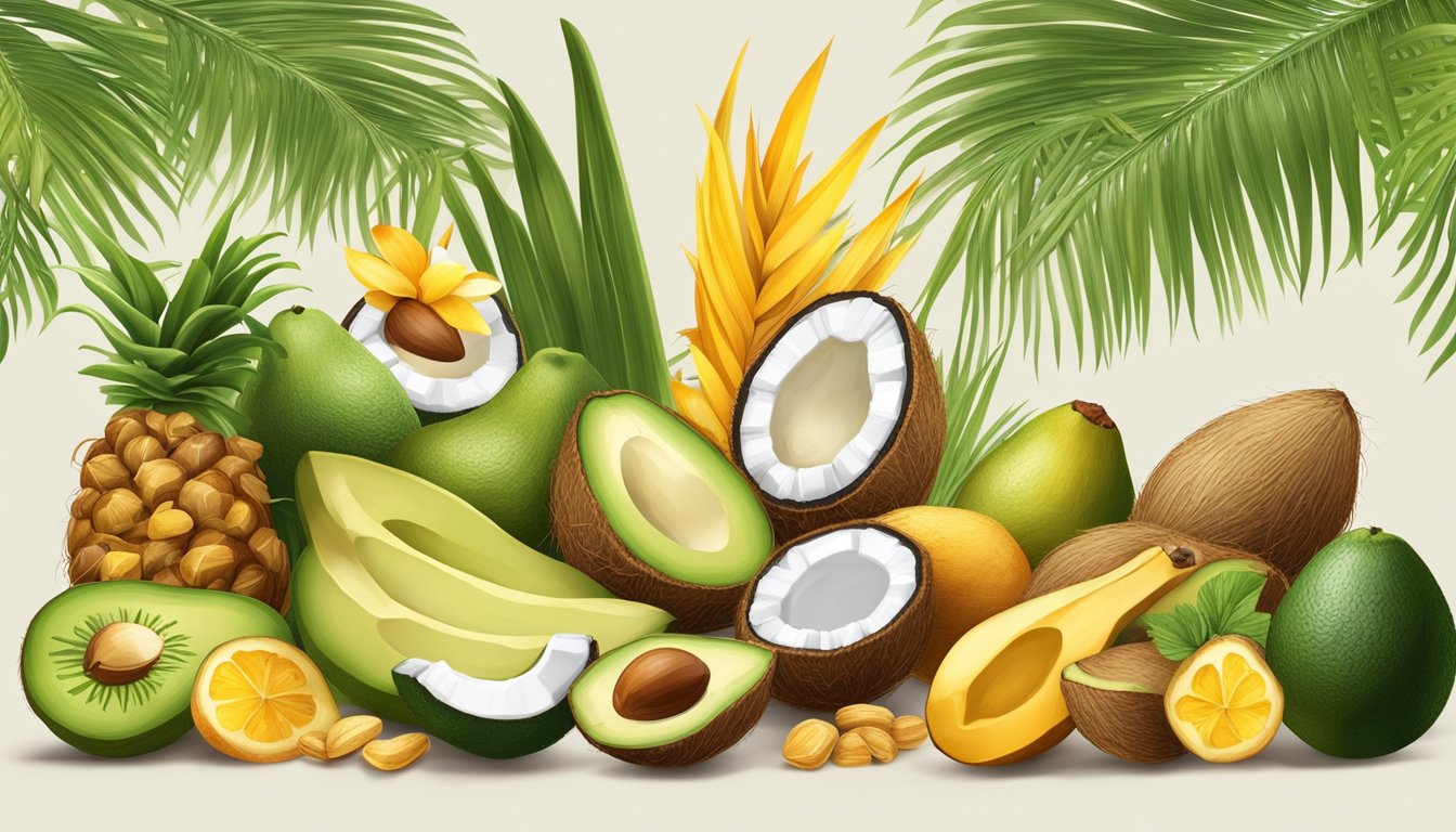 A tropical palm tree bearing ripe, golden palm kernels, surrounded by coconut, avocado, and other natural food sources rich in MCTs