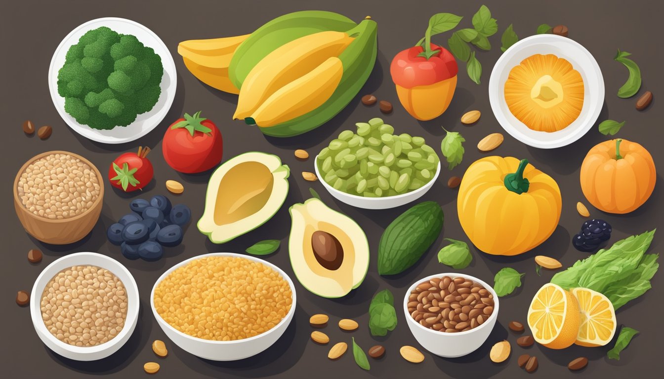 A colorful array of fruits, vegetables, beans, and whole grains spread out on a table, showcasing a variety of high fiber foods for a healthy diet