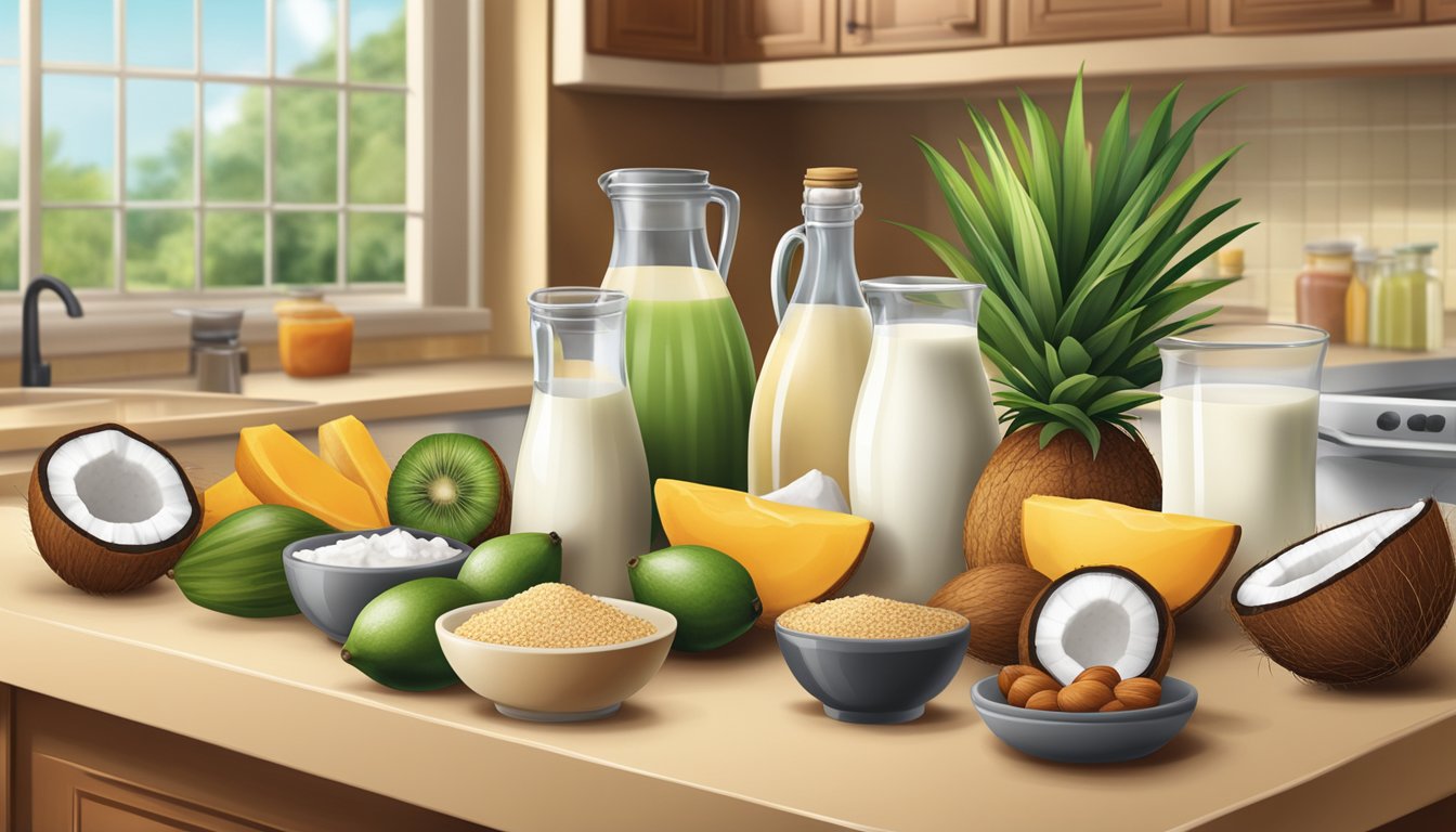 A kitchen countertop with a variety of natural foods, including coconut, palm kernel oil, and whole milk, arranged in an appealing display