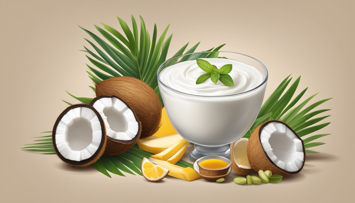 A bowl of full-fat yogurt surrounded by coconut, palm kernel oil, and other natural food sources rich in MCTs