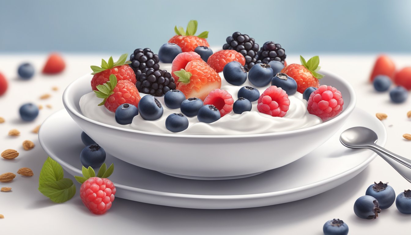 A spoonful of Greek yogurt surrounded by fresh berries and a sprinkle of granola on a clean, white plate