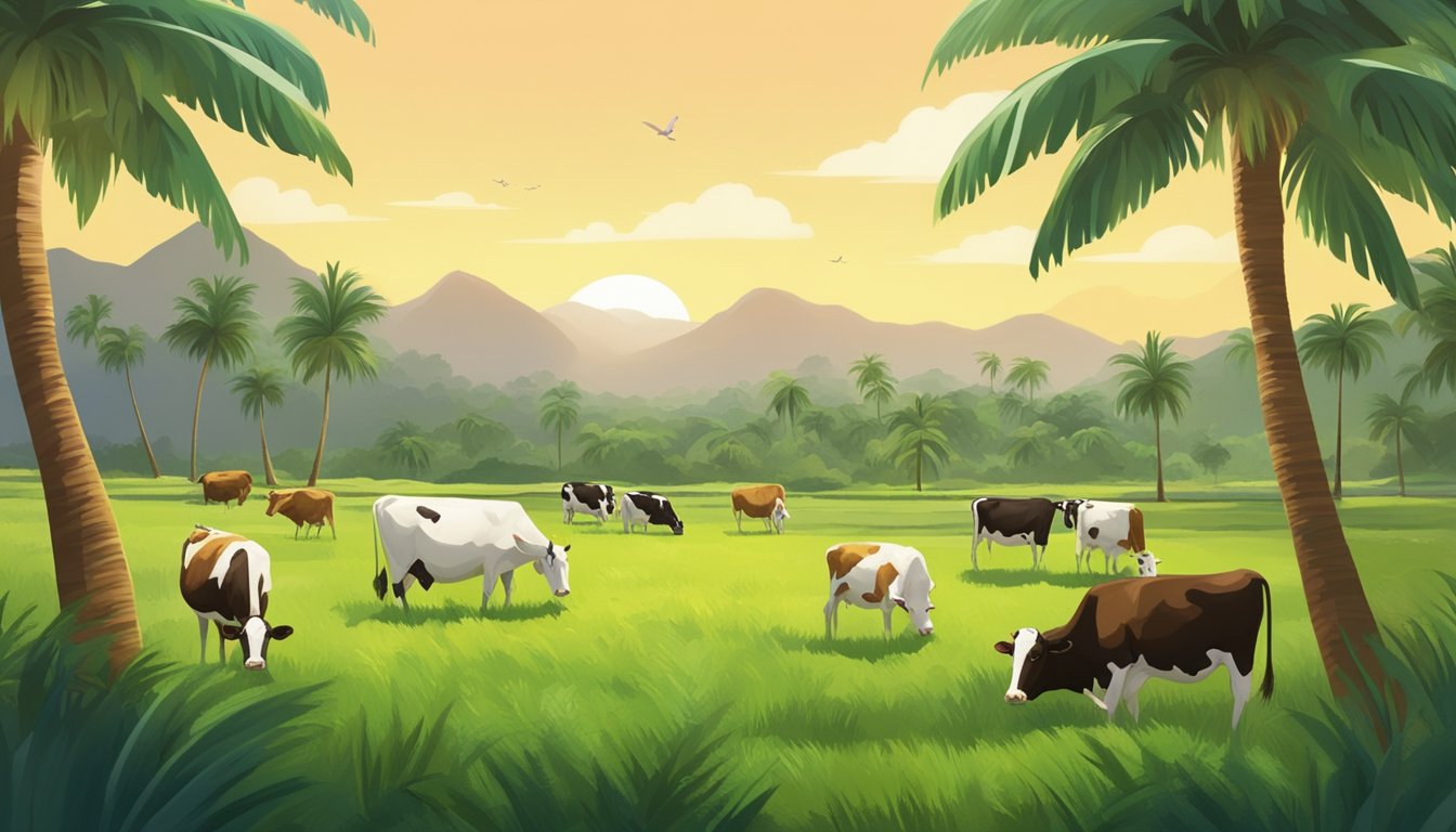 A lush field with coconuts, palm trees, avocados, and dairy cows grazing on grass, all surrounded by a serene natural landscape