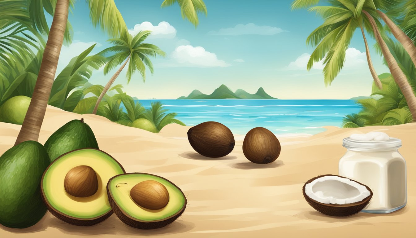 A tropical beach with coconut trees and coconuts scattered on the sand, alongside a spread of avocados, dairy products, and palm oil