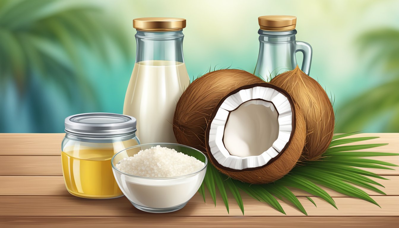 A coconut, palm kernel, and dairy products on a wooden table, with a bottle of coconut oil, a jar of palm kernel oil, and a glass of milk