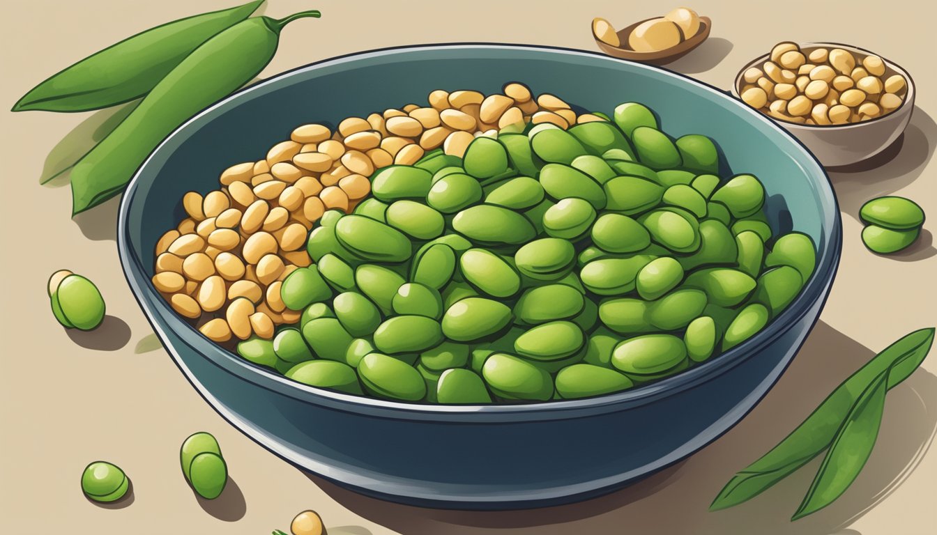 A bowl of edamame surrounded by other low calorie, high protein foods