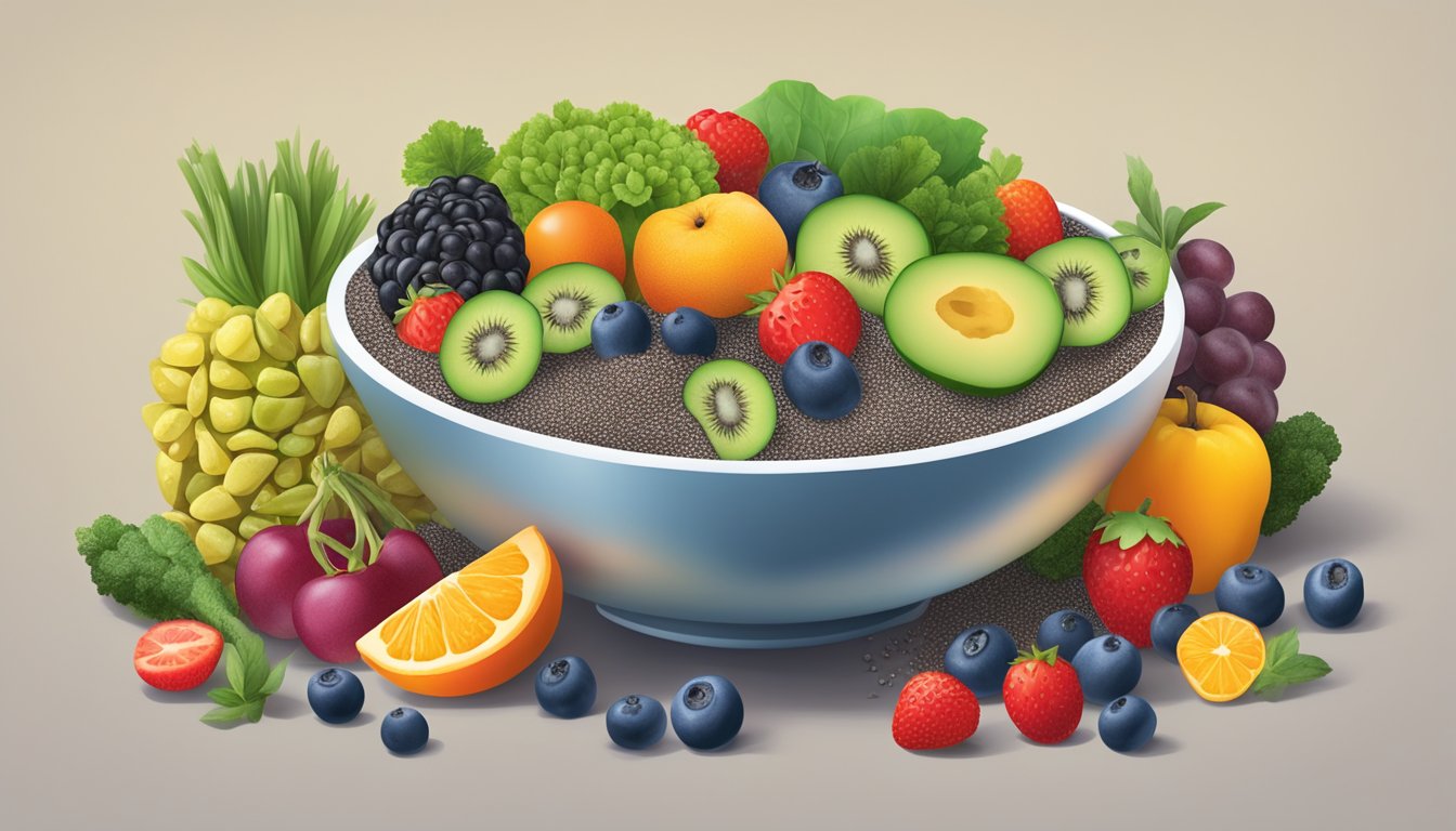 A bowl of chia seeds surrounded by an assortment of mineral-rich fruits and vegetables, representing a balanced diet