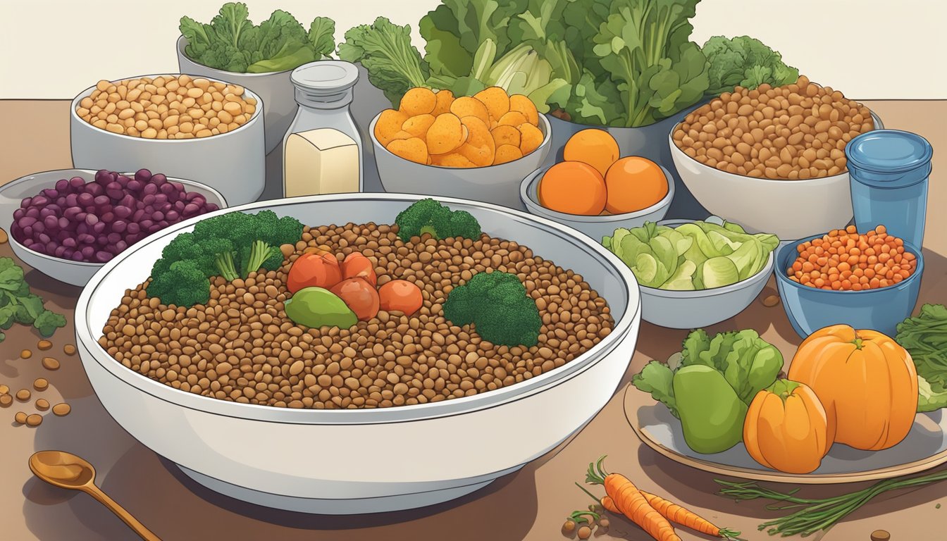 A bowl of cooked lentils surrounded by various low-calorie, high-protein foods like vegetables, fruits, and lean meats on a kitchen counter