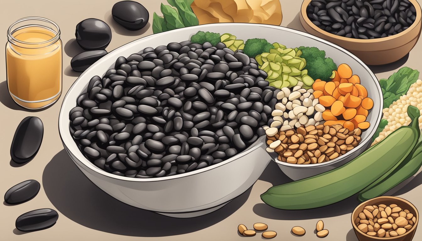 A bowl of black beans surrounded by other low-calorie, high-protein foods, with a focus on the beans